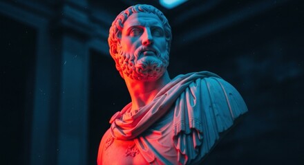 Marble bust of a man with beard, draped shoulder, lit with red and blue lighting