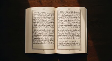 Fototapeta premium Open book with Arabic text lies on a dark wooden surface under sunlight