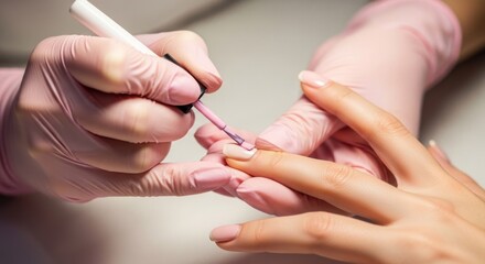 Pink-gloved hands applying nail polish to a client's fingernails