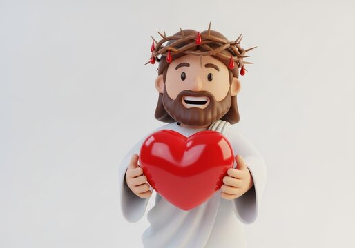 Stylized depiction of a divine figure wearing a thorny crown and holding a vibrant red heart presents a message of compassion