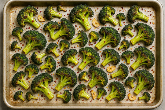 Roasted Broccoli on a sheet pan with garlic and red pepper flakes stock photo 