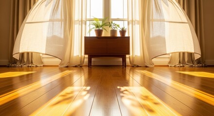 Fototapeta premium Sunny room with airy curtains, plants atop a wooden cabinet, gleaming wood floor
