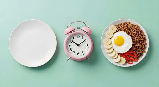 Pink alarm clock between empty plate and breakfast plate with egg noodles bananas and peppers