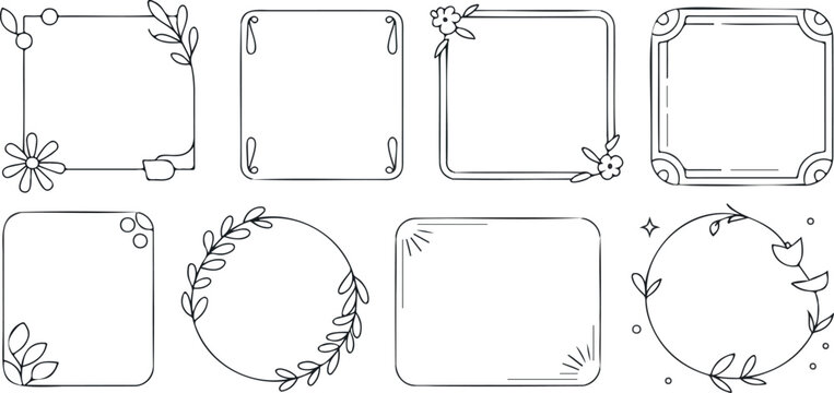 Doodle style frames and borders with floral motifs for creative design and decoration simple botanical elements on grey