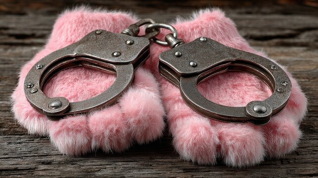A close‑up of a pair of pink, fluffy fur handcuffs on a wooden table against a dark, textured backdrop