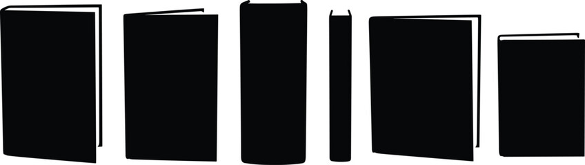Row of book silhouettes, open and closed, upright and flat, minimalist black design, literature, education, reading, knowledge, study, learning, library, academic, publishing, creative icons © Habiba
