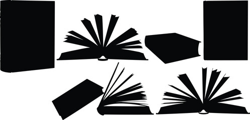 Book silhouettes in varied orientations, open and closed, upright and flat, minimalist black design, literature, education, reading, knowledge,  © Habiba