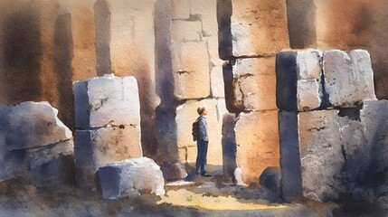 Ancient ruins inspire awe a traveler discovers history in soft watercolor illustration art stock image