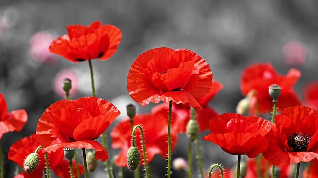 Vibrant red poppy flowers against desaturated gray background