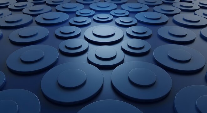 Abstract pattern of blue concentric circles and raised discs creating a textured, futuristic surface with varying sizes and depths under soft lighting.