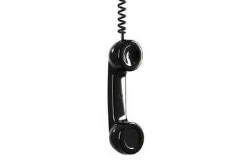 Classic black telephone receiver hangs suspended by a coiled cord against a bright white background.