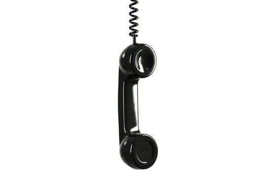 Classic black telephone receiver hangs suspended by a coiled cord against a bright white background.