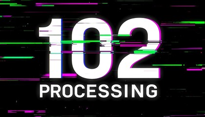 Fototapeta premium Glitch neon 102 Processing HTTP status code display with digital distortion on dark technology background