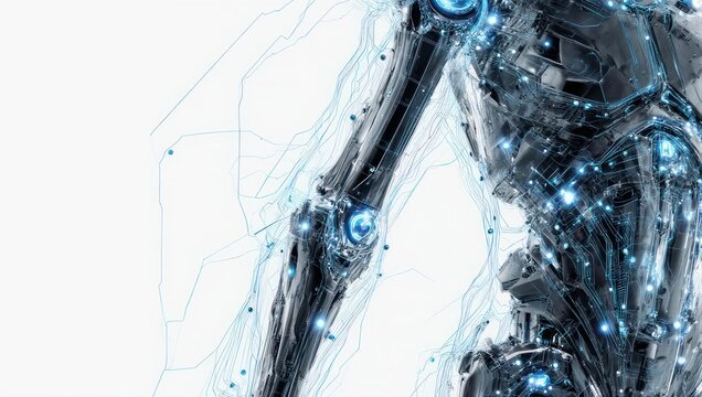 Metallic robotic form with glowing circuitry detail, white backdrop, showing arm & torso