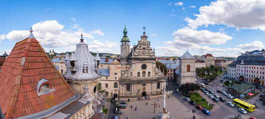 Fototapeta premium Facade and Bell Tower of Bernardine Church in Lviv Old Town