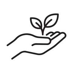 Obraz premium Minimalist black and white line art icon of a human hand holding a small growing plant sprout, symbolizing nature and care.