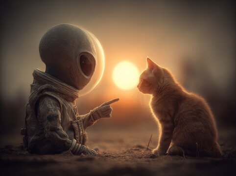 Near Saturn, an alien and an astronaut cat converge on the lunar surface