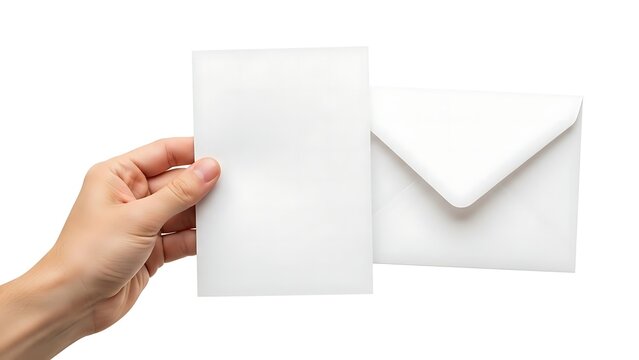 Hand holding blank paper near white envelope