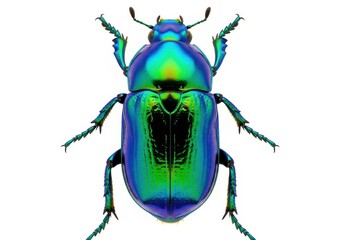 Iridescent green and blue scarab beetle shown from a top view against a white background