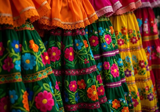 Colorful mexican embroidered dresses with floral patterns for festive events