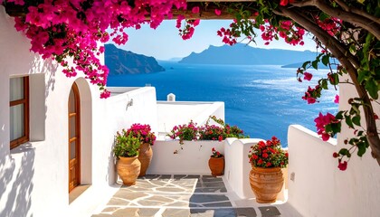 White Mediterranean terrace with blooming pink bougainvillea overlooking deep blue sea in Santorini Greece