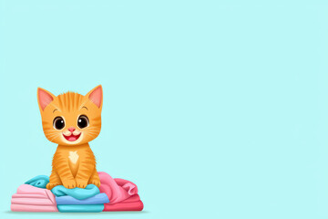 Obraz premium Cat kitten laundry clothing pile folded illustration on pastel blue background, cheerful pet sitting on clean folded towel with copy space
