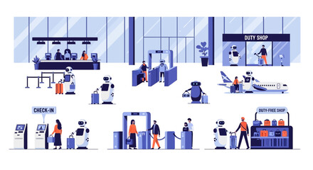 Artificial intelligence robot interacting with business professionals in a modern office setting with data visualizations on a large screen.