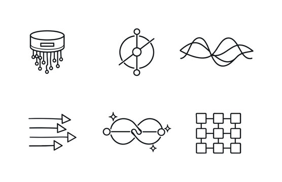 Line style vector icons of superposed quantum processing: quantum-computer icon, qubit-outline motif, superposition-wave outline,