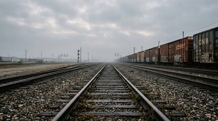 Fototapeta premium 鉄道 線路 貨物列車 曇り空の風景