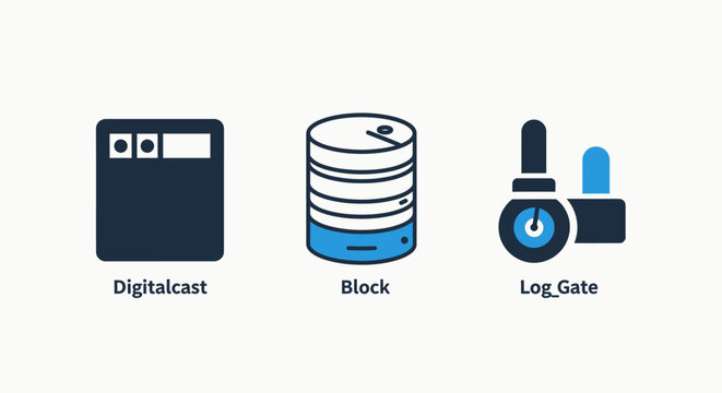 Digital infrastructure icons: digital broadcast system, block storage, and log gate, symbolizing data transmission, storage, and access control.