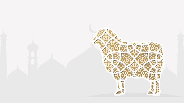 Eid Al Adha background with decorative geometric sheep symbol and Islamic pattern animation mosque silhouette 
