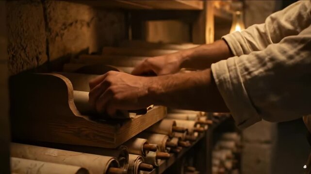 Close-up of a scholar's hands retrieving ancient scrolls from a dimly lit historical archive for knowledge discovery concept and diligent research