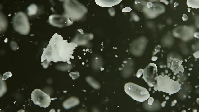 Macro salt crystals falling on black background, white mineral grains in slow motion, textured sea salt particles for food seasoning and cooking concepts
