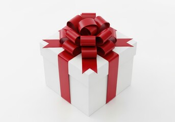 Square white container tied with a prominent red ribbon and elaborate bow rests on a pale surface