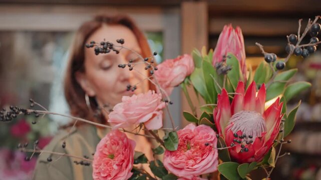 White florist arranging rose and protea stems on workbench, tying ribbon and selecting greenery in busy boutique, focused handson craft with natural light and textured petals, close detail of creative