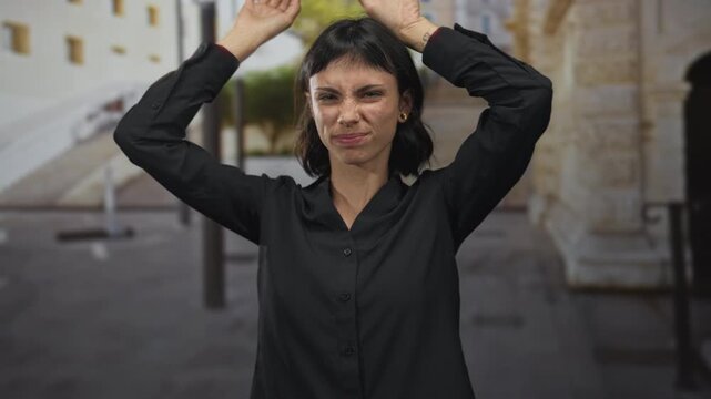 Young hispanic woman making rabbit ears gesture with bare hands atop head on bustling street; playfulness.
