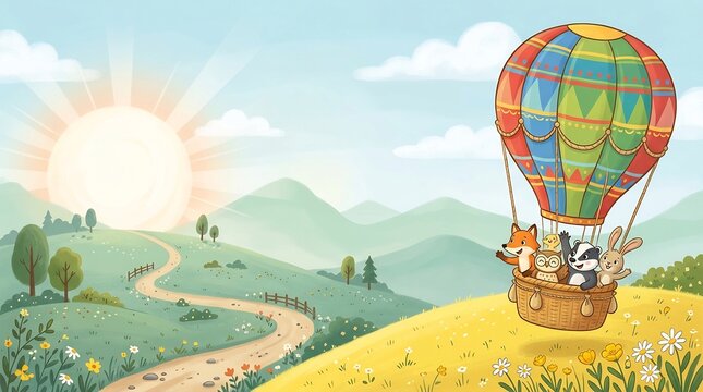 動物気球旅行 イラスト 風景 晴れの日 かわいい