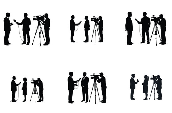 Journalist Interviews with Camera Crew Silhouette Vector Illustration