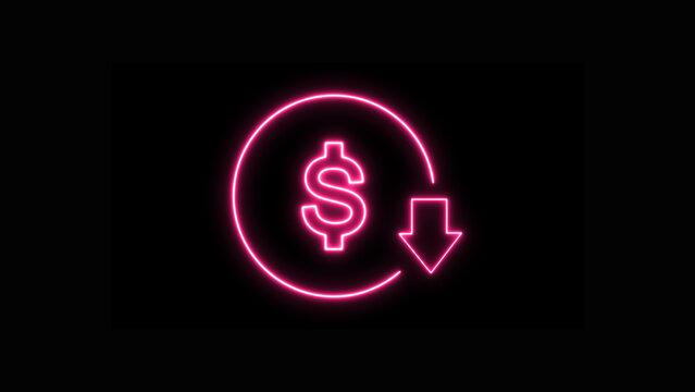 Colorful neon icon of a dollar sign inside a circle with a downward arrow symbolizing financial decrease and cost reduction, isolated on black background.