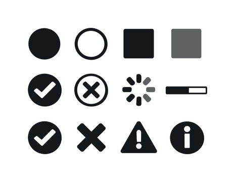 Control State Icons. Solid vector icons of control state indicators: active, inactive, enabled, disabled, selected, unselected,