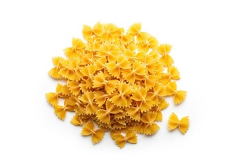 Pile of uncooked bow tie shaped pasta pieces resting on a bright white surface