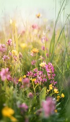 Obraz premium Spring meadow blooms bathed in warm morning light a cheerful nature scene perfect for greeting cards