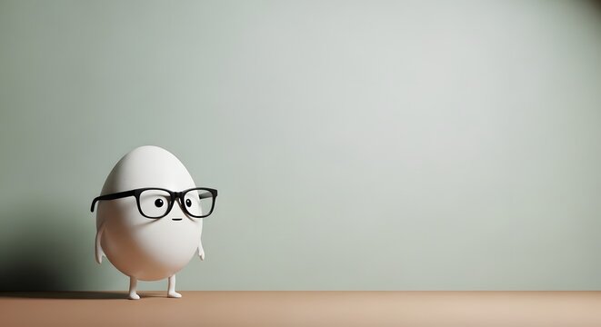 A cartoon egg character wearing glasses on a wooden surface with a plain background