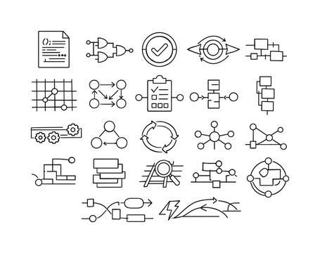 Line vector icons of laws written as executable code: rule-script tiles, logic-gate stems, automated-check rings,