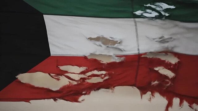 Tattered Kuwaiti Flag Waving Showing Damage and Wear