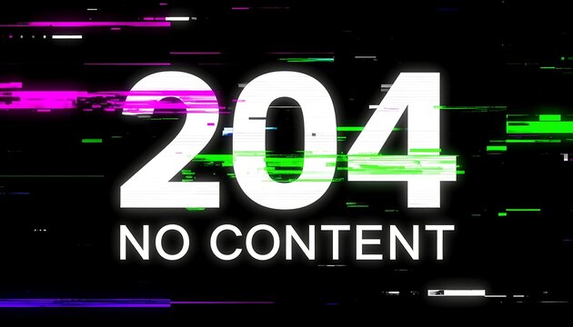 Glitch style digital display presenting 204 No Content HTTP status code with neon distortion on dark background wallpaper