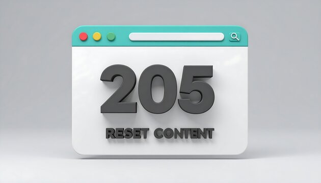 Minimal browser window interface displaying 205 Reset Content HTTP status code on clean modern background wallpaper