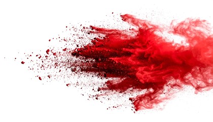 Dynamic red powder explosion suspended midair forming expressive abstract cloud on white backdrop