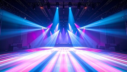 Futuristic event stage scene with radiant blue light beams extending into smoky arena