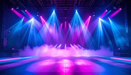 Empty performance stage glowing under dramatic multicolored lighting beams and reflections